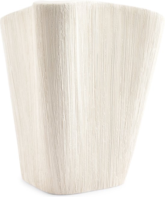Beige vaas met verticale ribbels en een bloemvormige opening.
