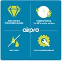 Airpro logo met vier symbolen: diamant (sterk), klok (tijd), druppels (anti drip), tandwiel (repareerbaar).