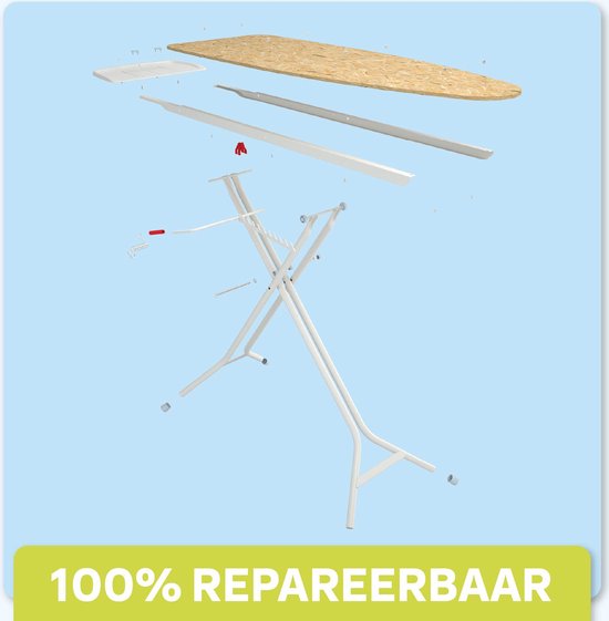 Airpro strijkplank in onderdelen met tekst "100% REPAREERBAAR".