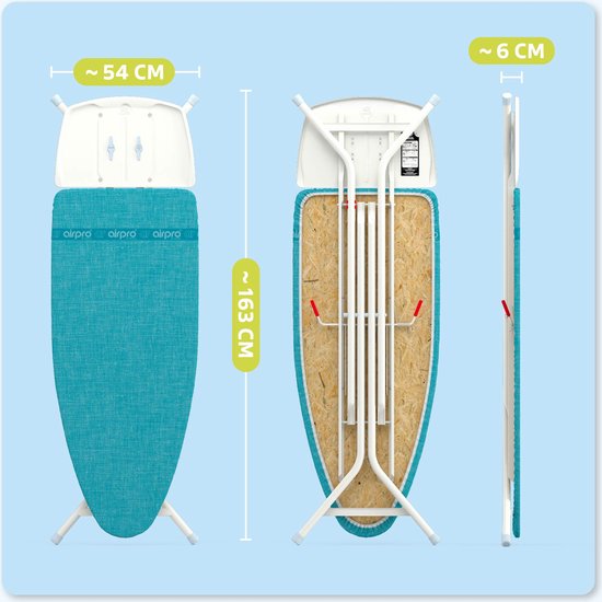 Afmetingen van Airpro strijkplank: breedte 54 cm, lengte 163 cm, dikte 6 cm.
