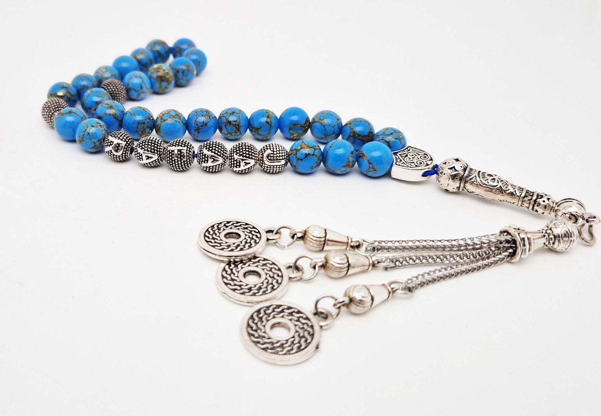 Handgemaakte naam tasbih 33 Kralen Natuursteen “ Blauw howliet gesponnen goud” - met metaal tassel “Omarmen"- Met je naam of de naam van uw geliefde- 8 mm diameter van de korrel
