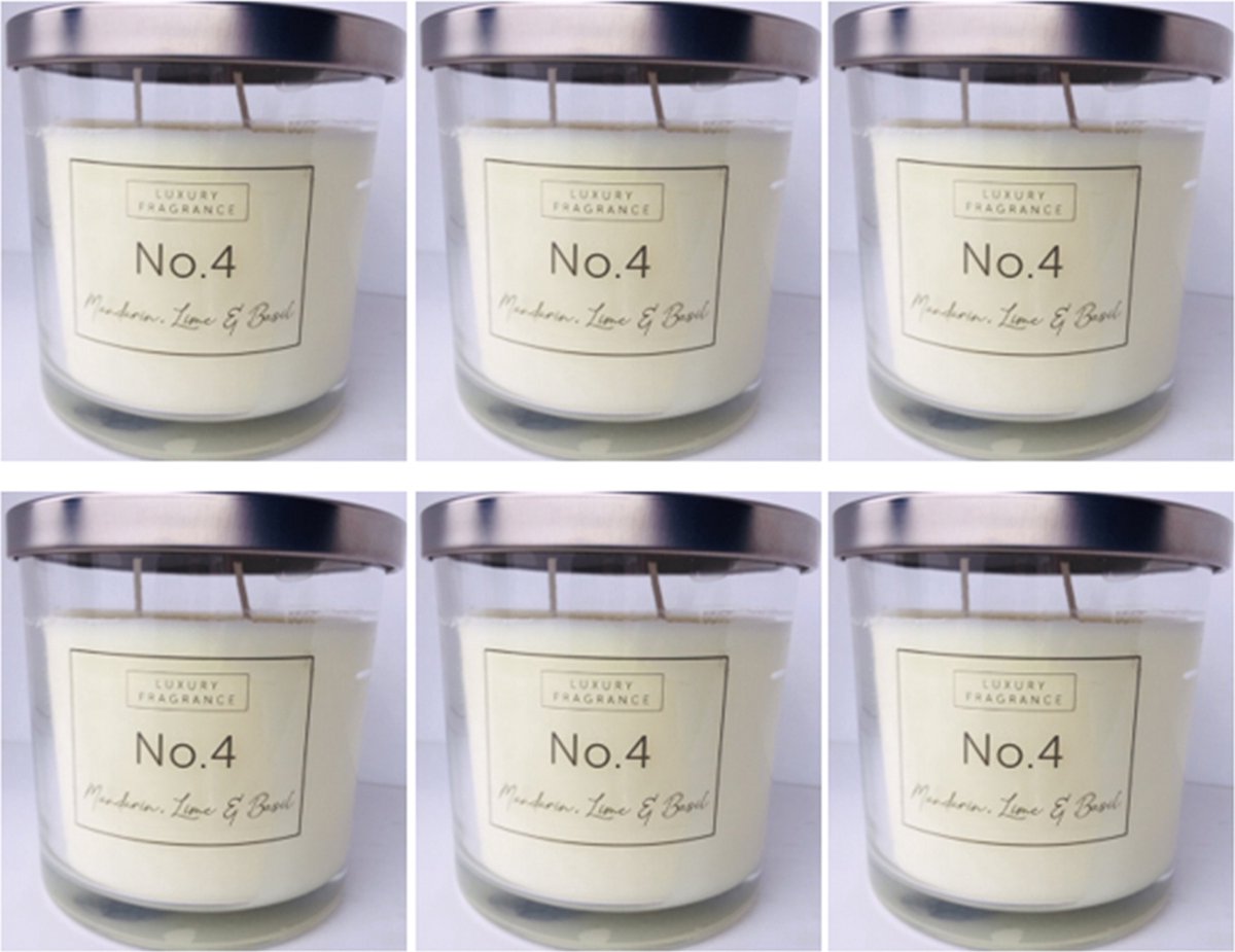 6 x Luxury Fragrance Geurkaars Mandarin, Lime en Basil 45 uurbranding