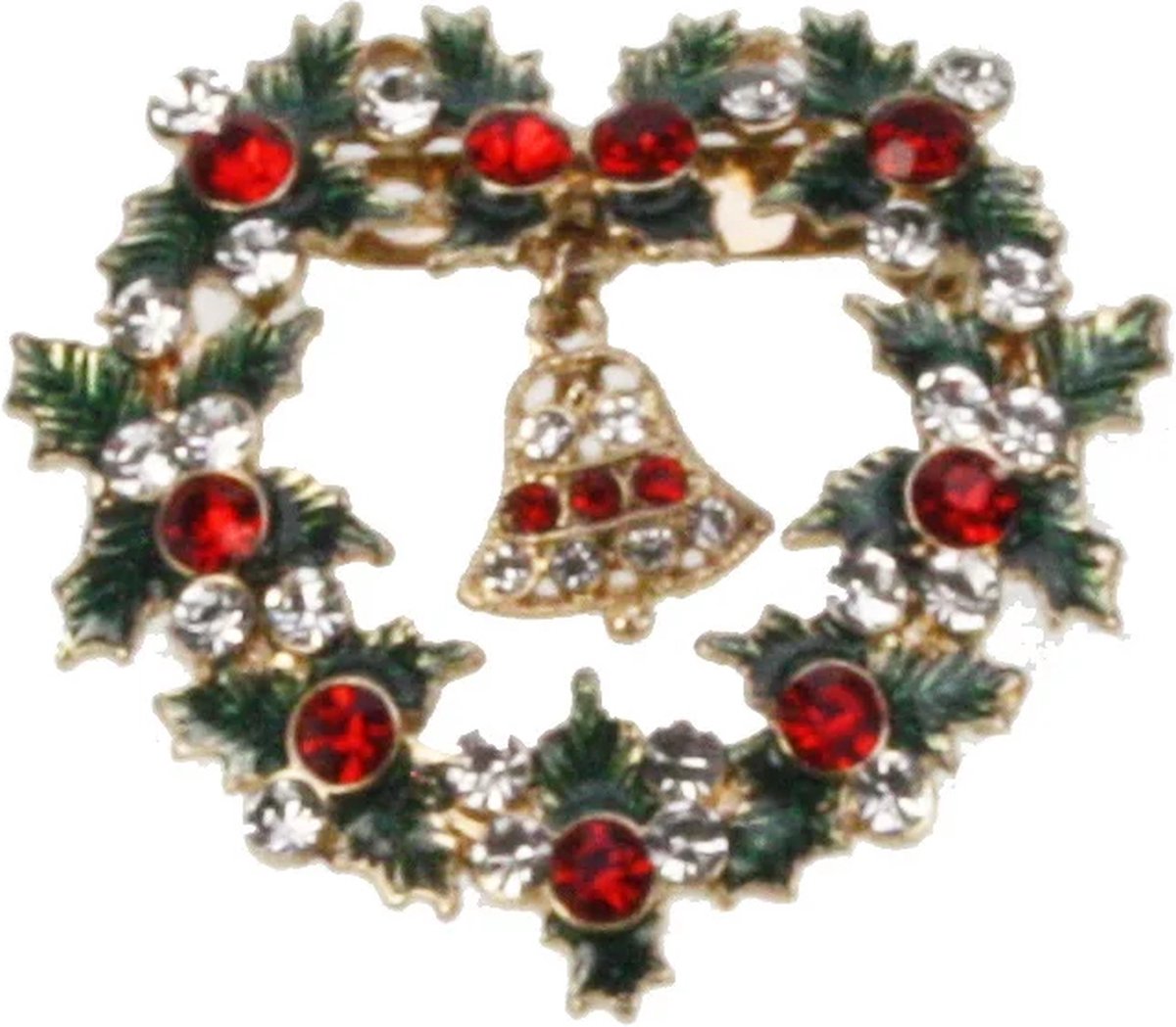 Broche Kerstkrans hart met hangend bel 4,5x1x5cm