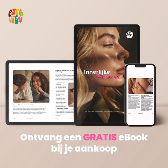 Drie schermen met tekst en afbeeldingen, waaronder een vrouw en een koppel, met de tekst 'Ontvang een GRATIS eBook bij je aankoop'.