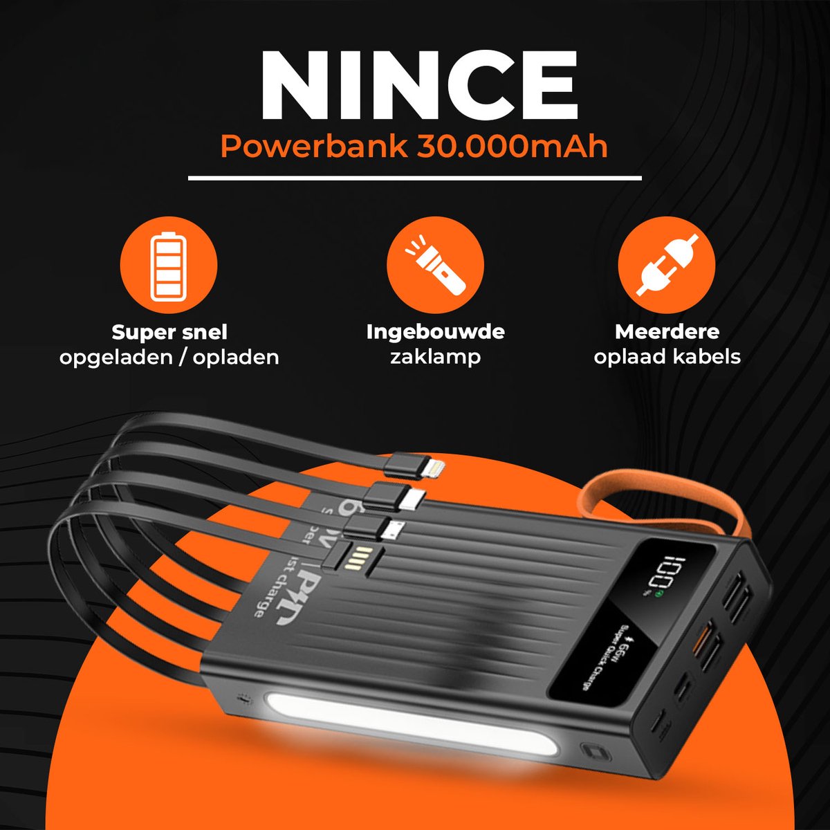 Nince Powerbank - 30.000 mAh - 22.5W Snellader - USB-A/USB-C - afbeelding 3
