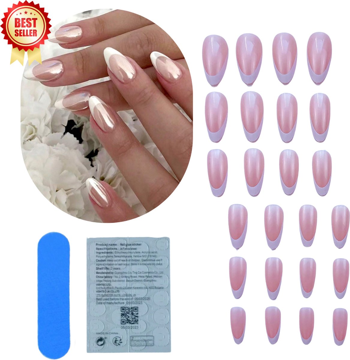Goedkoopste GUAPÀ® Plaknagels | 24 stuks valse nagels | Press On Nails | Zelfklevende Plaknagels | Nepnagels | Kunstnagels | Compleet plaknagels starterspakket | Nagels stickers | 24 stuks plaknagels French Manicure Chrome Effect
