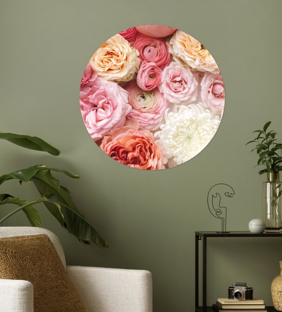 WallCircle® - Cercle de papier peint 80x80 cm - Stickers muraux Fleurs - Roses - Rose - Cercle mural salon - Cercle mural chambre - Décoration de chambre autocollante - Accessoires de Décoration murale