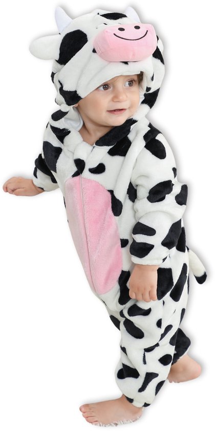 BoefieBoef Dieren Kleuter Onesie Peuter Pyjama Kinderen 2 tot 4 jaar – Verkleedkleding met Luierrits – Carnaval Dierenpak - Kerst en Kraamcadeau - Zacht Flanel - Baby Romper - Boxpak - Jongens - Meisjes - Kruippak - Winterpak - Koe Wit Cow Animal