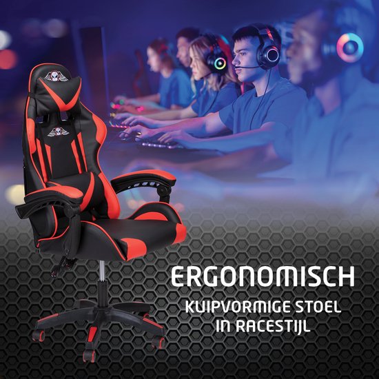 No Fear Gaming Stoel - Game Stoel met Nek- en Onderrugkussen - Ergonomische Bureaustoel in Hoogte Verstelbaar 46 tot 56cm - Gamestoel Rood/Zwart