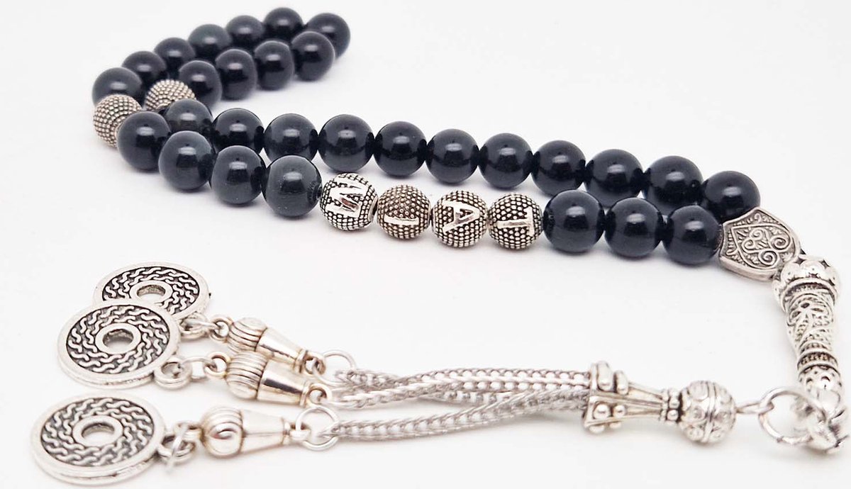 Handgemaakte naam tasbih 33 Kralen Natuursteen “Obsidian ” - met metaal tassel “Omarmen"- Met je naam of de naam van uw geliefde- 8 mm diameter van de korrel