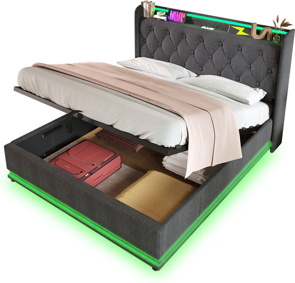 Merax Gestoffeerd Tweepersoonsbed 160x200 cm met Bijpassend Koudschuim Matras en Hydraulisch Opbergruimte - Bed met USB Type-C Oplaadfunctie en LED Verlichting - Grijs Linnen