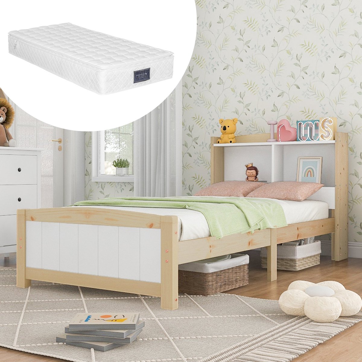 Merax Eenpersoonsbed 90x200 cm Inclusief Matras – Massief Hout – Bed met Hoofdbord en Opbergruimte – Wit met Naturel Hout Bruin – Kinderbed of Tienerbed