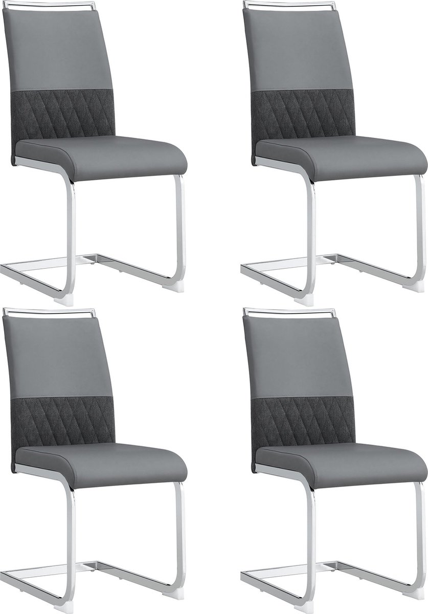 Merax Moderne Eetkamerstoelen Set van 4 - Hoge Rugleuning van Kunstleer en Linnen - Gestoffeerde Stoelen - Grijs met Zilver
