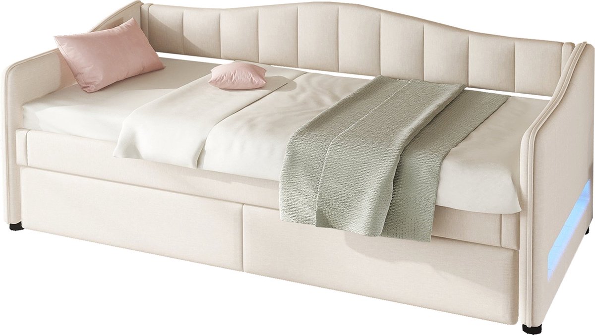 Merax Slaapbank met Uitschuifbaar Logeerbed 90x200 cm – Beige Linnen – Inclusief LED Verlichting – Eenpersoonsbed met Logeerfunctie – Ruimtebesparend Design