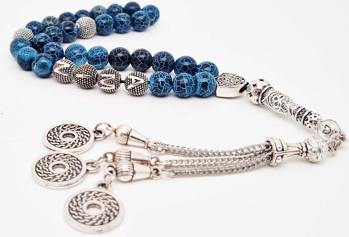 Handgemaakte naam tasbih 33 Kralen Natuursteen “ Blauwe harmonie” - met metaal tassel “Omarmen"- Met je naam of de naam van uw geliefde- 8 mm diameter van de korrel