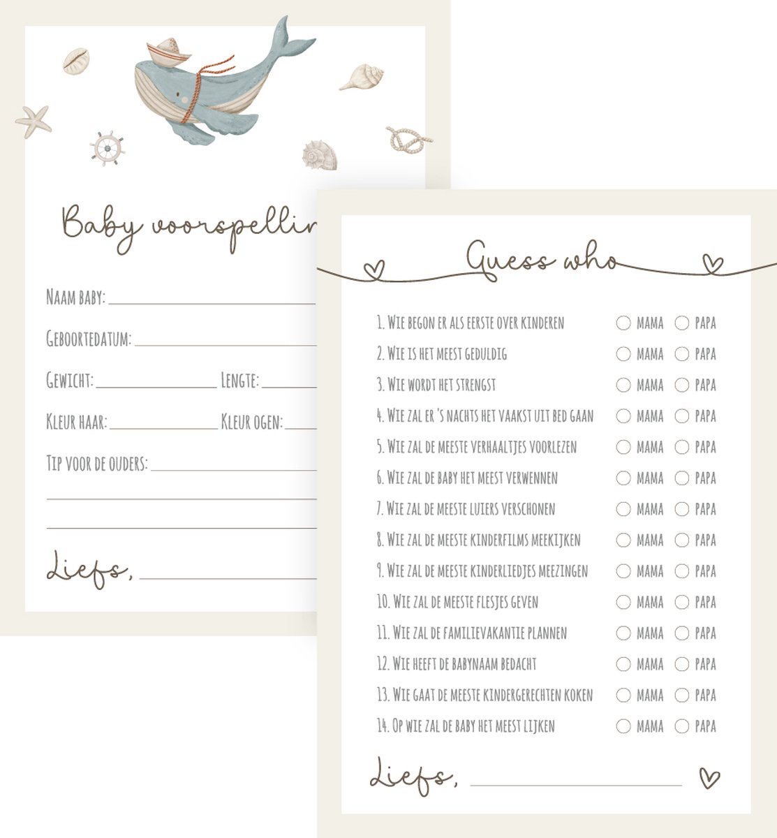 Unieke Ukkies Babyshower invulkaarten Whale & Guess Who - 2 x 10 stuks - A6 formaat