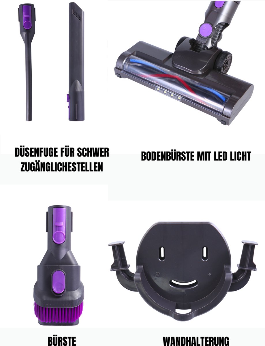 Cheffinger Steelstofzuiger - 300Watt - Draadloze Stofzuiger - Paars - LED Verlichting - Wandmontage – foto 6