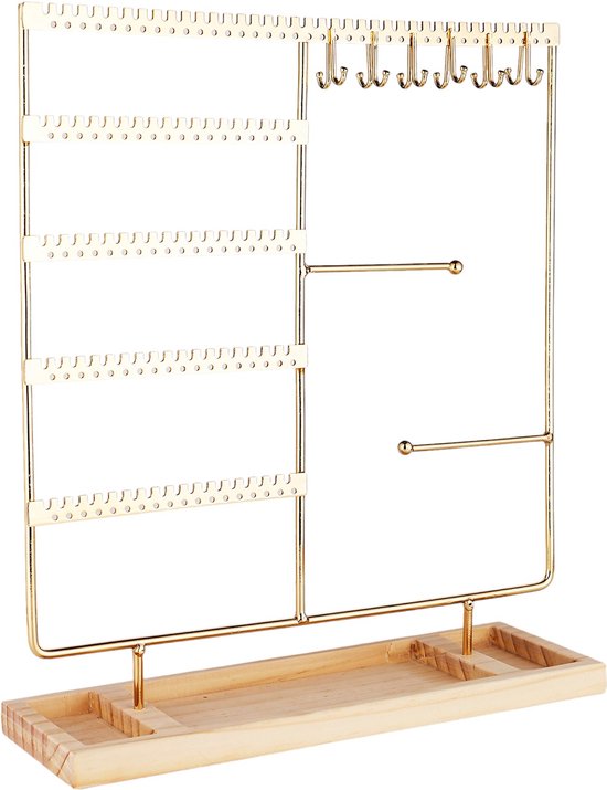 Sieradenhouder - 35 x 30 x 9,5 cm - Goudkleurig - Oorbellenrekje - Display - Hout en Metaal - Oorbellenhouder
