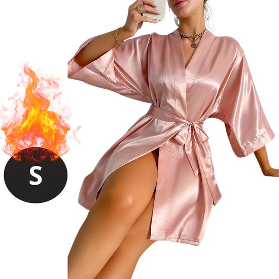 Livano Satijnen Jurk - Slipdress - Pyama Dames - Badjas - Ochtendjas - Kimono - Erotisch - Kamerjas - Roze S