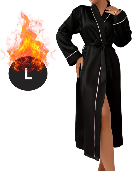 Livano Satijnen Jurk - Slipdress - Pyama Dames - Badjas - Ochtendjas - Kimono - Erotisch - Kamerjas - Zwart L