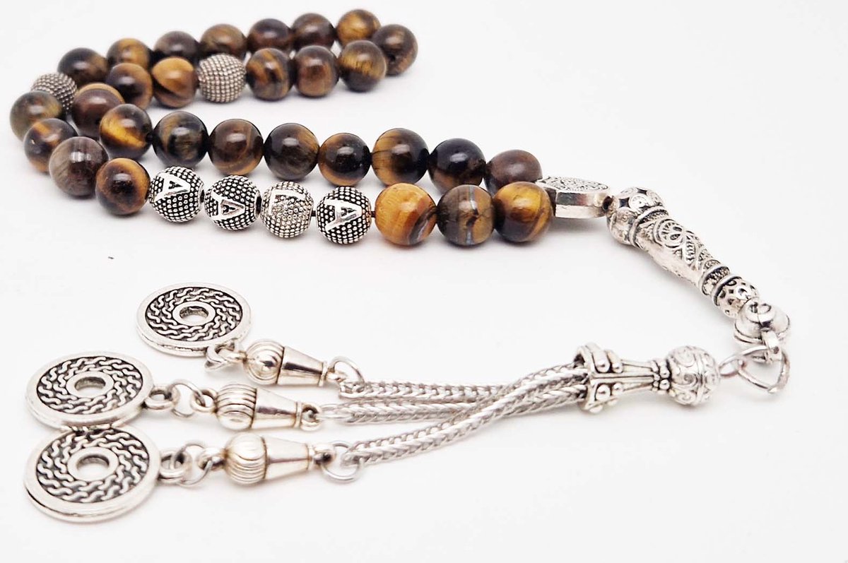 Handgemaakte naam tasbih 33 Kralen Natuursteen “ Tijgeroog” - met metaal tassel “Omarmen"- Met je naam of de naam van uw geliefde- 8 mm diameter van de korrel