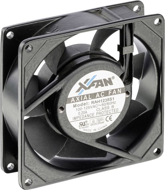 Ventilateur axial carré noir X-Fan avec logo bleu. Modèle RAH1238S1.