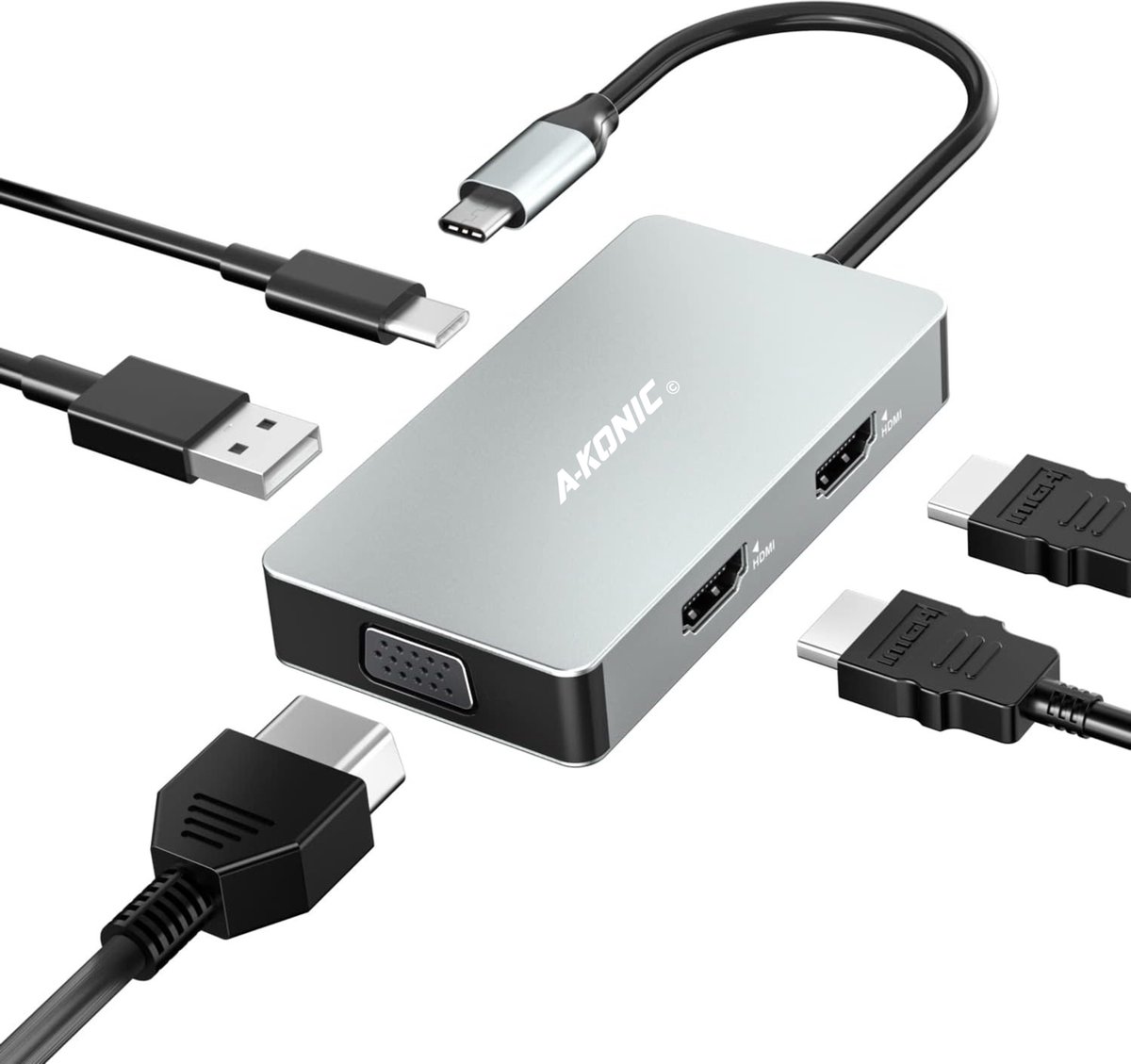 Akonic USB-C Laptop Docking Station 5 in 1 Dual HDMI - USB C PD 100w - Macbook Pro / Air - Thunderbolt 3 - Space