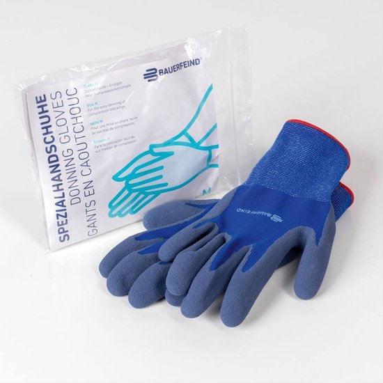 Blauwe Bauerfeind handschoenen met rode boord en een zak met illustraties van handen.