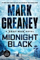 Boekcover van 'Gray Man: Midnight Black' met blauw en wit ijs, de tekst 'Mark Greaney' en 'Midnight Black', en een gevangenislandschap.