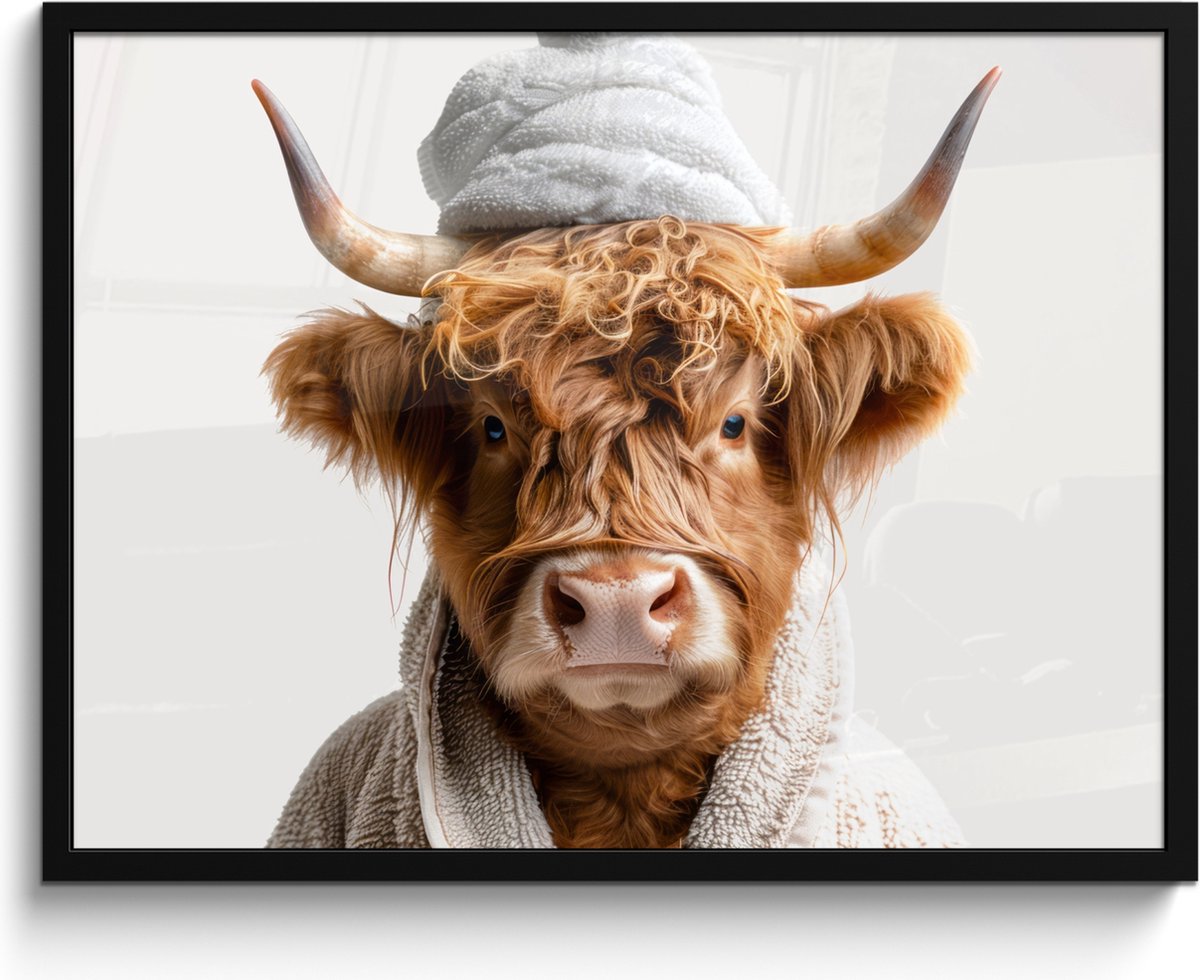 FrameYourWall Poster in lijst - Fotolijst 80x60 cm - Posters - Schotse hooglander - Badjas - Koe - Dieren - Posterlijst zwart - Wanddecoratie badkamer - Muurdecoratie WC - Decoratieve accessoires - Toilet muur decoratie