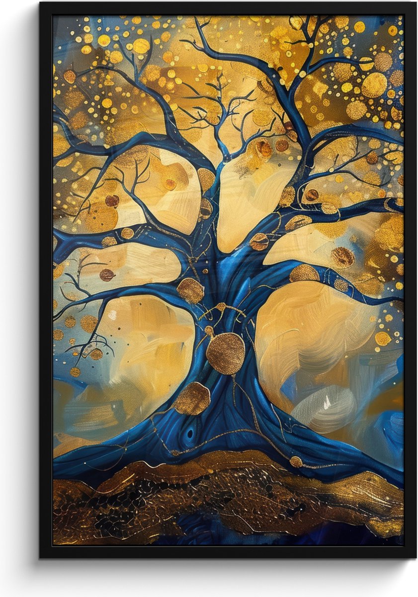 FrameYourWall Poster in lijst - Fotolijst 60x90 cm - Posters - Boom - Levensboom - Blauw - Goud - Posterlijst zwart - Decoratie - Wanddecoratie woonkamer - Muurdecoratie slaapkamer Goud - Blauw