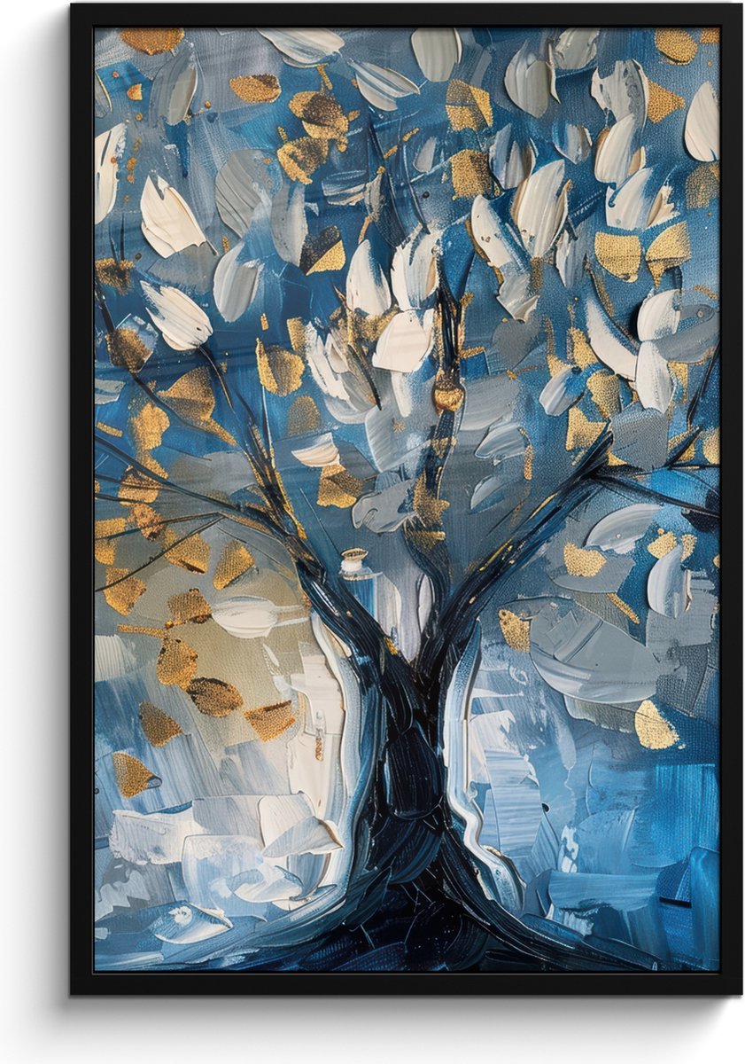 FrameYourWall Poster in lijst - Fotolijst 60x90 cm - Posters - Boom - Blauw - Goud - Abstract - Posterlijst zwart - Decoratie - Wanddecoratie woonkamer - Muurdecoratie slaapkamer Blauw - Levensboom