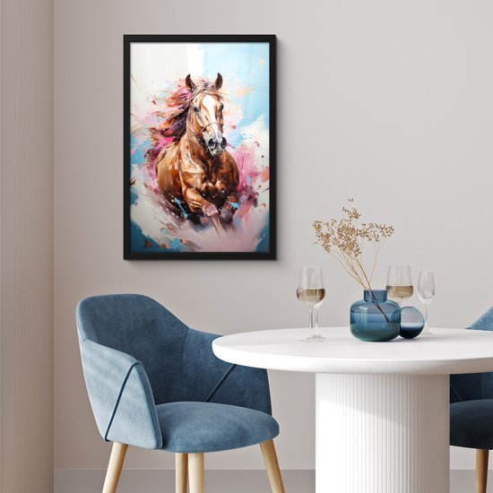 Affiche sous cadre - Cadre photo 40x60 cm - Posters - Cheval - Filles - Blauw - Rose - Cadre affiche noir - Décoration murale pour chambre ado - Décoration chambre ado - Accessoires chambre ados