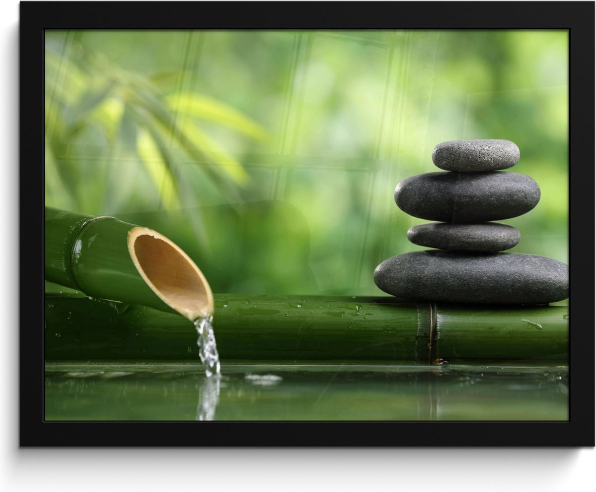 FrameYourWall Poster in lijst - Fotolijst 40x30 cm - Posters - Zen - Stenen - Groen - Natuur - Bamboe - Posterlijst zwart - Wanddecoratie badkamer - Muurdecoratie WC - Decoratieve accessoires - Toilet muur decoratie