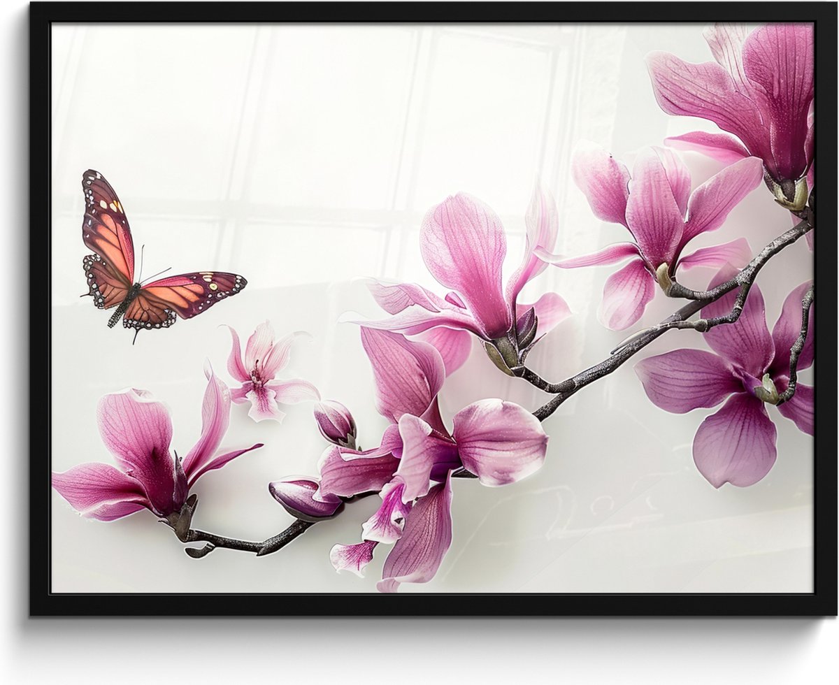 FrameYourWall Poster in lijst - Fotolijst 80x60 cm - Posters - Bloesem - Vlinder - Roze - Natuur - Wit - Posterlijst zwart - Wanddecoratie badkamer - Muurdecoratie WC - Decoratieve accessoires - Toilet muur decoratie Bloem - Vlinder