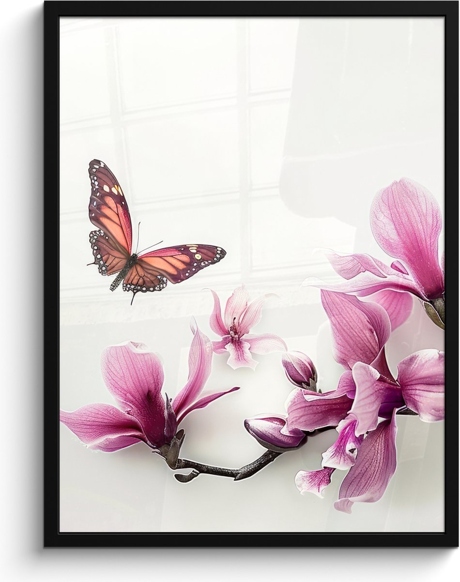 FrameYourWall Poster in lijst - Fotolijst 60x80 cm - Posters - Bloesem - Vlinder - Roze - Natuur - Wit - Posterlijst zwart - Wanddecoratie badkamer - Muurdecoratie WC - Decoratieve accessoires - Toilet muur decoratie Bloem - Vlinder