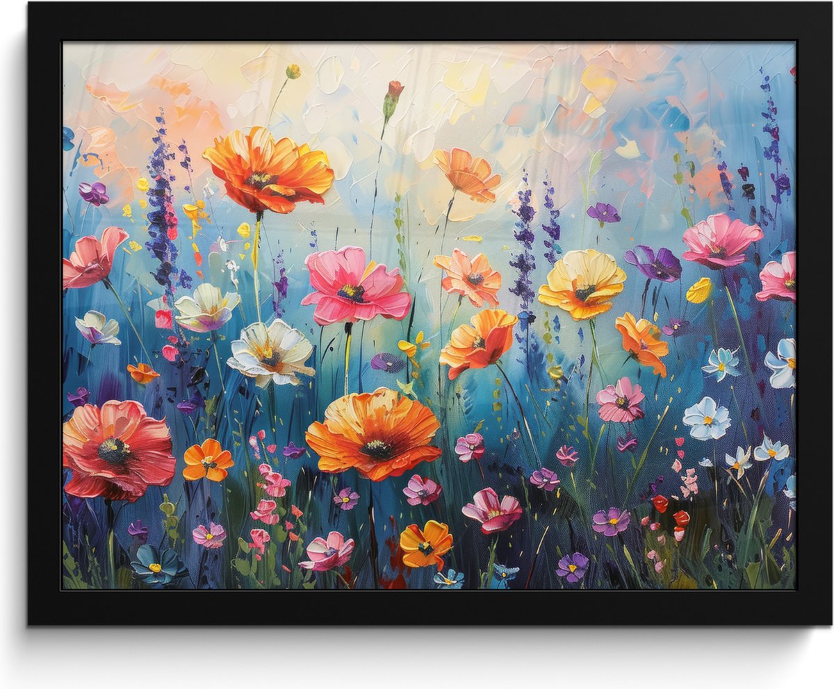 FrameYourWall Poster in lijst - Fotolijst 40x30 cm - Posters - Bloemen - Natuur - Waterverf - Kunst - Posterlijst zwart - Decoratie - Wanddecoratie woonkamer - Muurdecoratie slaapkamer Weidebloemen
