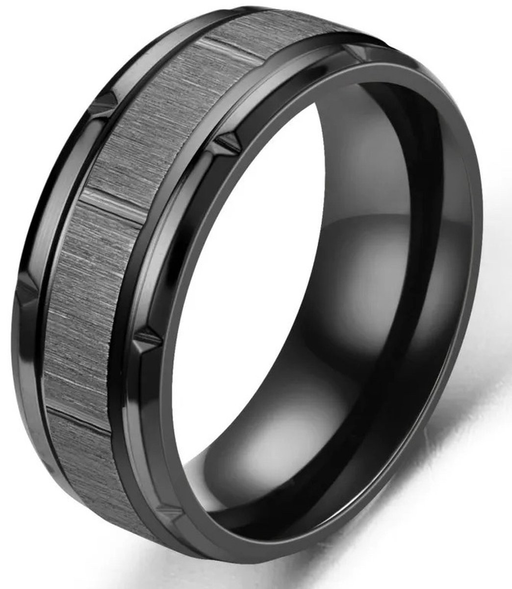 Heren Ring Zwart met Luxe Versiering - Staal - Ringen - Papa Cadeau Voor Mannen - Vaderdag