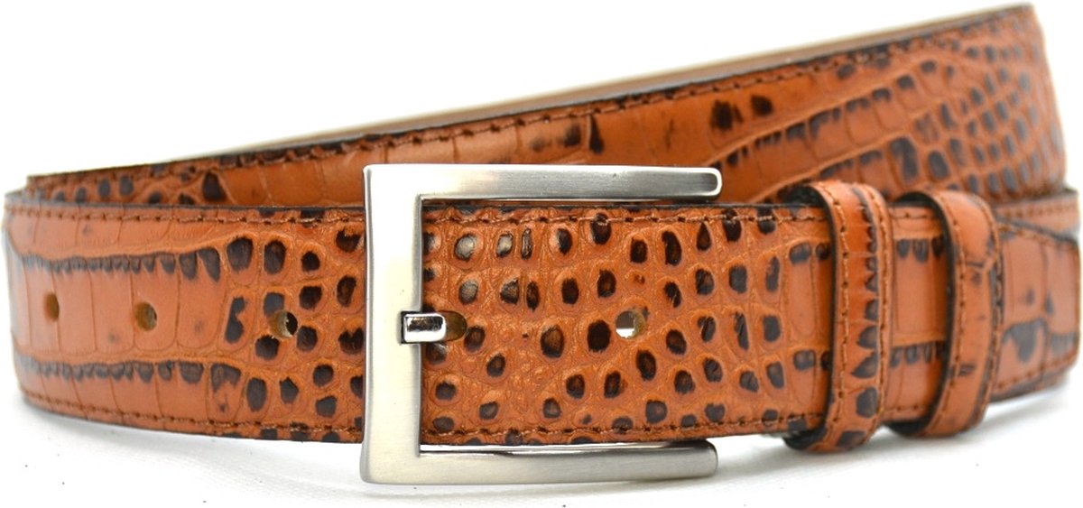 3.5 cm pantalon riem cognac met kroko print - Kampara - 100% lederen riem - maat 85 - totale lengte 100cm
