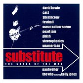 Albumhoes met de titel 'Substitute: The Songs of The Who'. Links een afbeelding van een gitarist. Rechts de namen van artiesten en groepen.