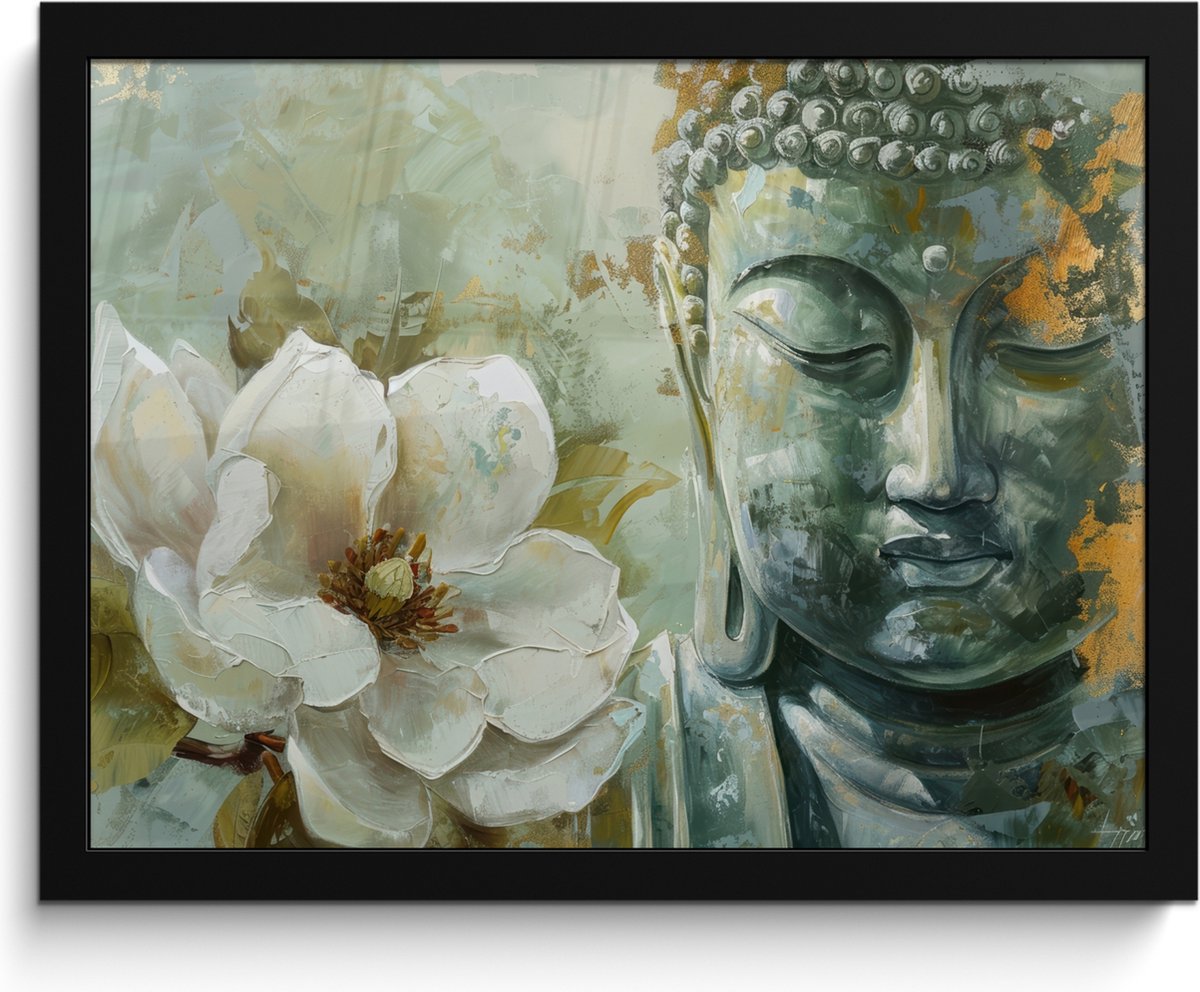 FrameYourWall Poster in lijst - Fotolijst 40x30 cm - Posters - Boeddha - Groen - Lotusbloem - Wit - Posterlijst zwart - Decoratie - Wanddecoratie woonkamer - Muurdecoratie slaapkamer