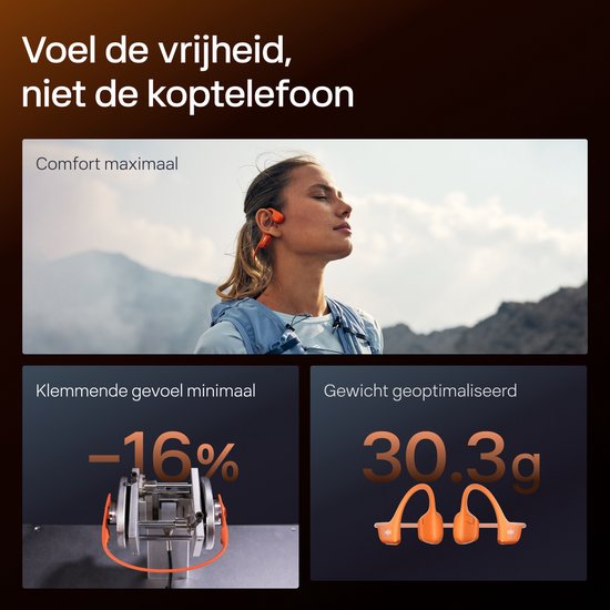 Vrouw met oranje Shokz OpenRun Pro 2 koptelefoon in de bergen, en grafieken voor comfort en gewicht.