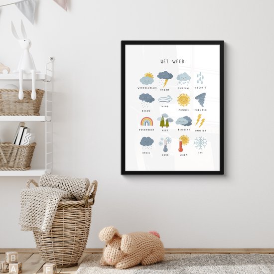 Poster in lijst - Fotolijst 60x80 cm - Posters - Het weer - Leren voor kinderen - Educatief - Regenboog - Zon - Posterlijst zwart - Kamer decoratie - Wanddecoratie kinderkamer - Muurdecoratie babykamer