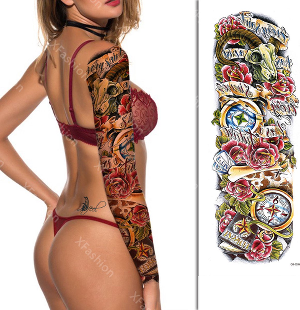 Tattoo Sleeve - Bloemen Flowers Rozen Rood Klok - Neptattoo Lichaam en Gezicht - Tijdelijke Henna Plak Tattoos - Nep Tatoeage - Fake Temporary Tattoo - Festival Make-up Outfit Volwassenen Kinderen