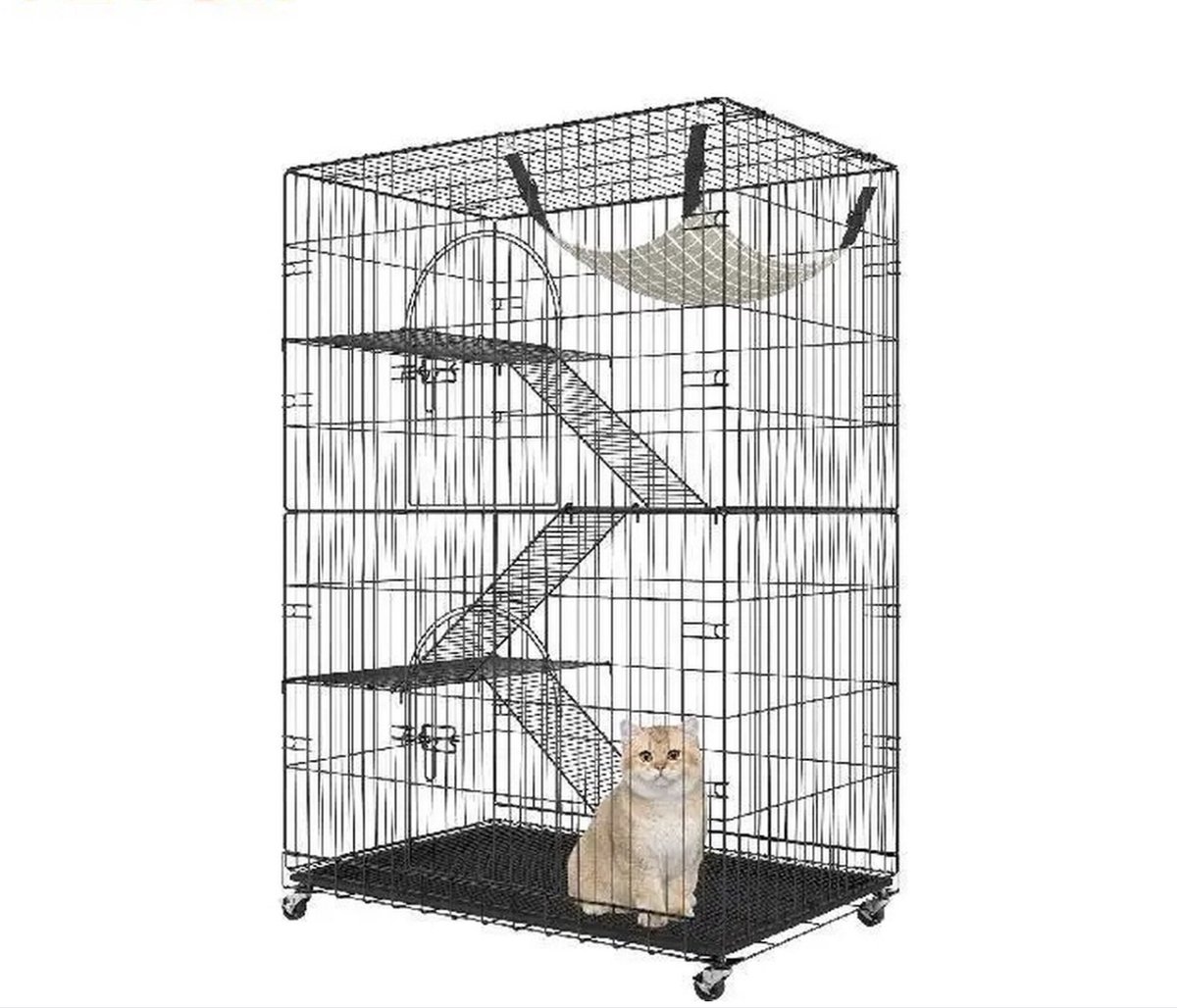 Kattenren – Kattenbench – Katten kooi – 4 Niveaus – 2 Deuren – 3 Ladders – 90x60x133cm – Zwart – Ook voor knaagdieren – Ondersteund tot 14kg – Opvouwbaar