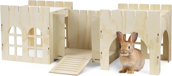 Houten kasteel speel- en slaaphuisje voor konijn - Binnen en buiten - 114 x 40 x 385 cm - Groot - Dikke mdf-plaat