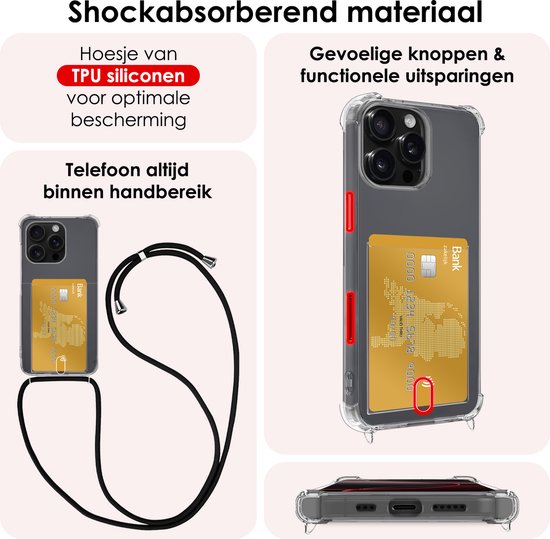 Coque adaptée pour iPhone 16 Pro Max avec porte-cartes et cordon résistant aux chocs, étui en Siliconen avec cordon de téléphone et porte-cartes - Transparent