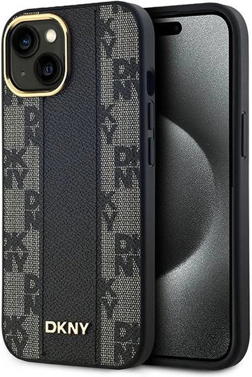 DKNY Leren MagSafe-hoesje met geruit monopatroon voor iPhone 15 Plus / 14 Plus - Zwart