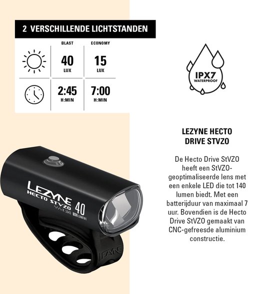 Lezyne Hecto StVZO 40 / Stick StVZO Pair - Micro-USB oplaadbare fietsverlichting - LED fietslampen - Veiligheidslampjes - Fietslamp 2 Standen - CNC Aluminium - Zwart — afbeelding 3