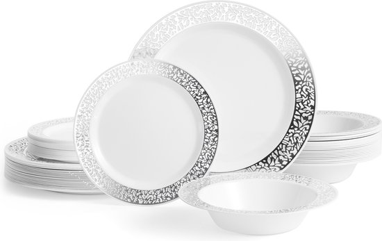 MATANA - Set de 75 Assiettes et Échelles en plastique réutilisables avec bord en dentelle argentée - 25 Assiettes plates (25 cm), 25 Assiettes à dessert (18 cm), 25 Bols (360 ml)